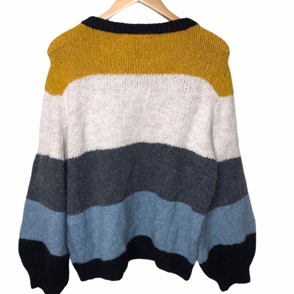 Coco and Carmen Striped Sweater Balloon Sleeve Crewneck Size Small Blue Yellow - Picture 2 of 7
